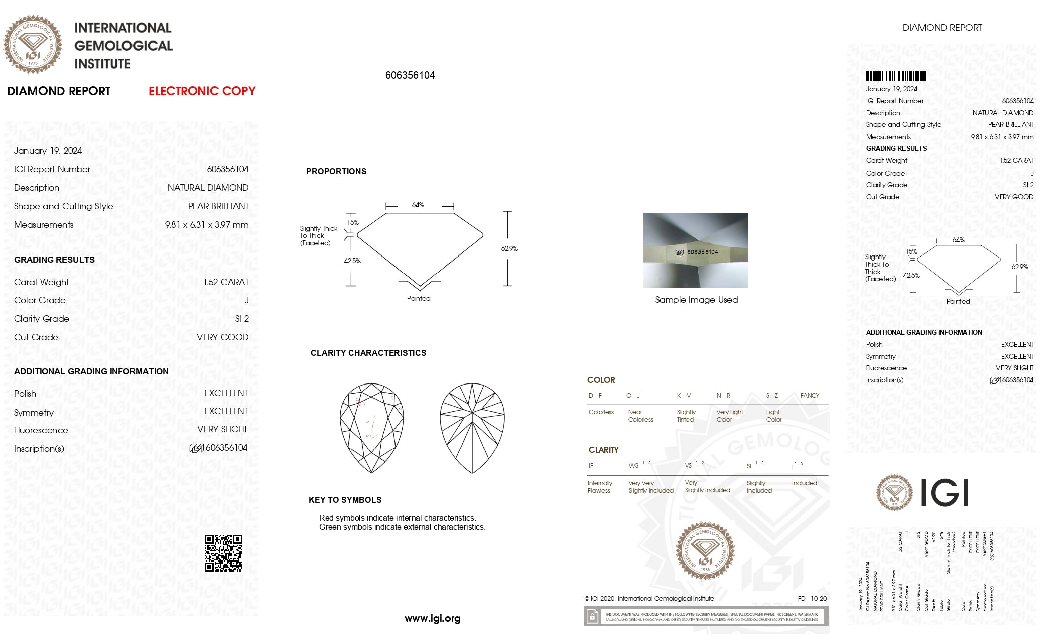 1.52ct Pear Brilliant Cut SI2 Clarity J Color Natural Diamond.