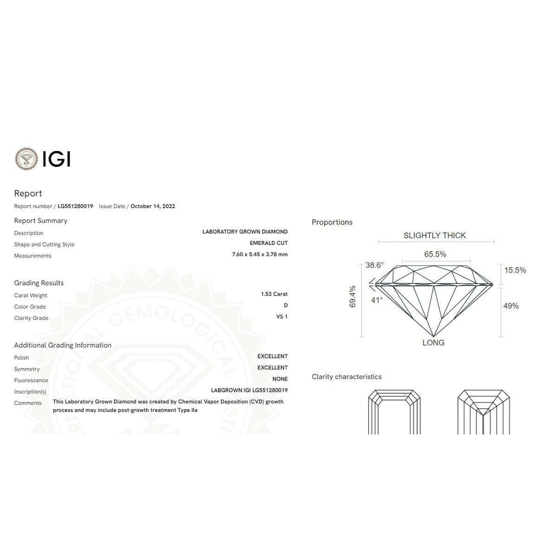 1.53ct Lab-Created Emerald Shaped Diamond.