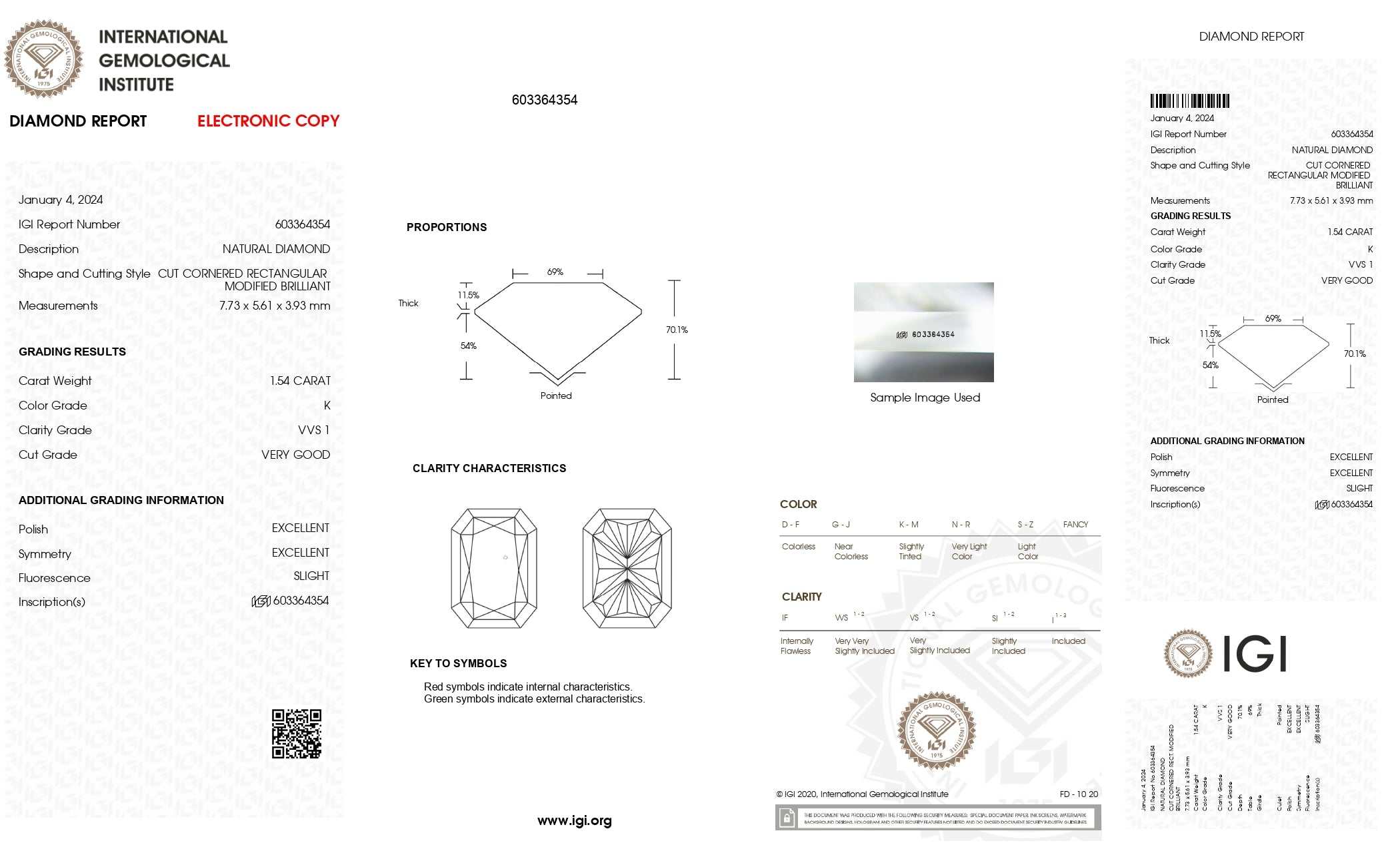 1.54ct Radiant Brilliant Cut VVS1 Clarity K Color Natural Diamond.