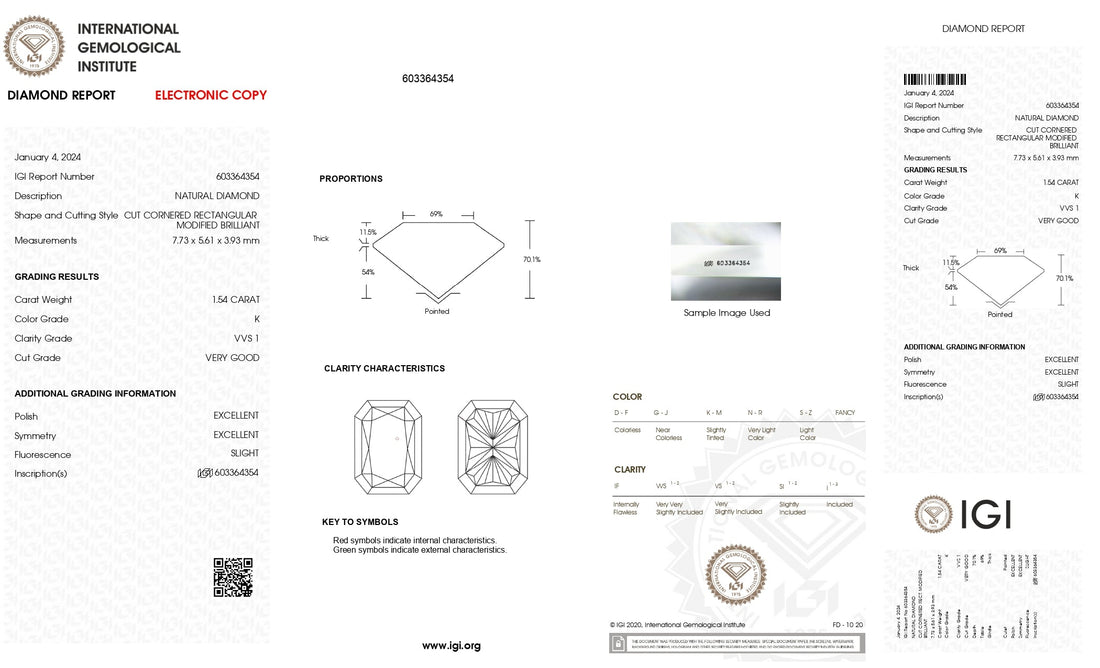 1.54ct Radiant Brilliant Cut VVS1 Clarity K Color Natural Diamond.