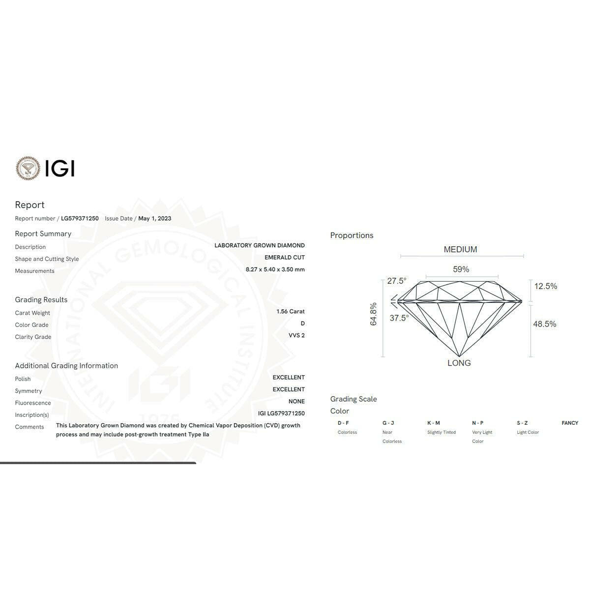 1.56 carat Lab-Grown Emerald-Cut Diamond.