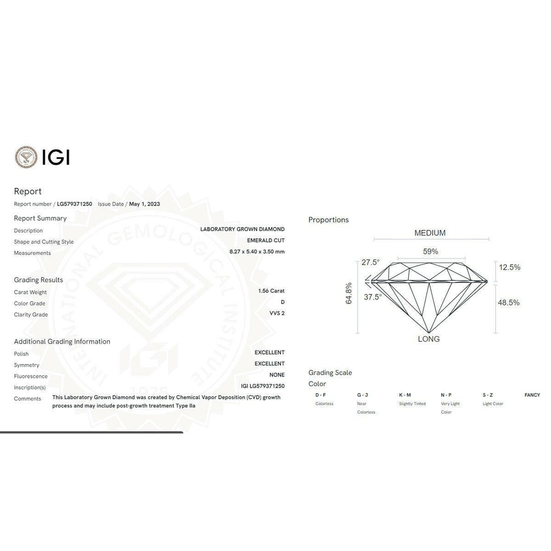 1.56 carat Lab-Grown Emerald-Cut Diamond.