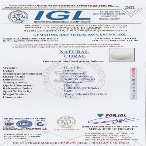 15.76 carat 17.34 ratti IGL certified natural Japanese oval shape white coral stone.