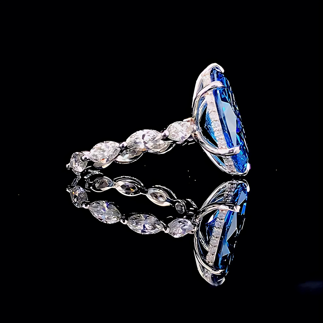 5.24 Ct Marquise Cut Blue Lab Grown Diamond Ring in 18K White Gold