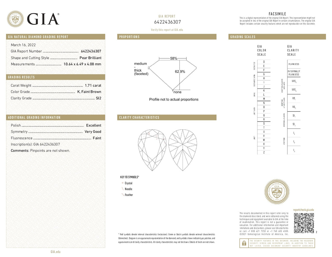 1.71ct Pear Brilliant Cut SI2 Clarity K Color Natural Diamond.