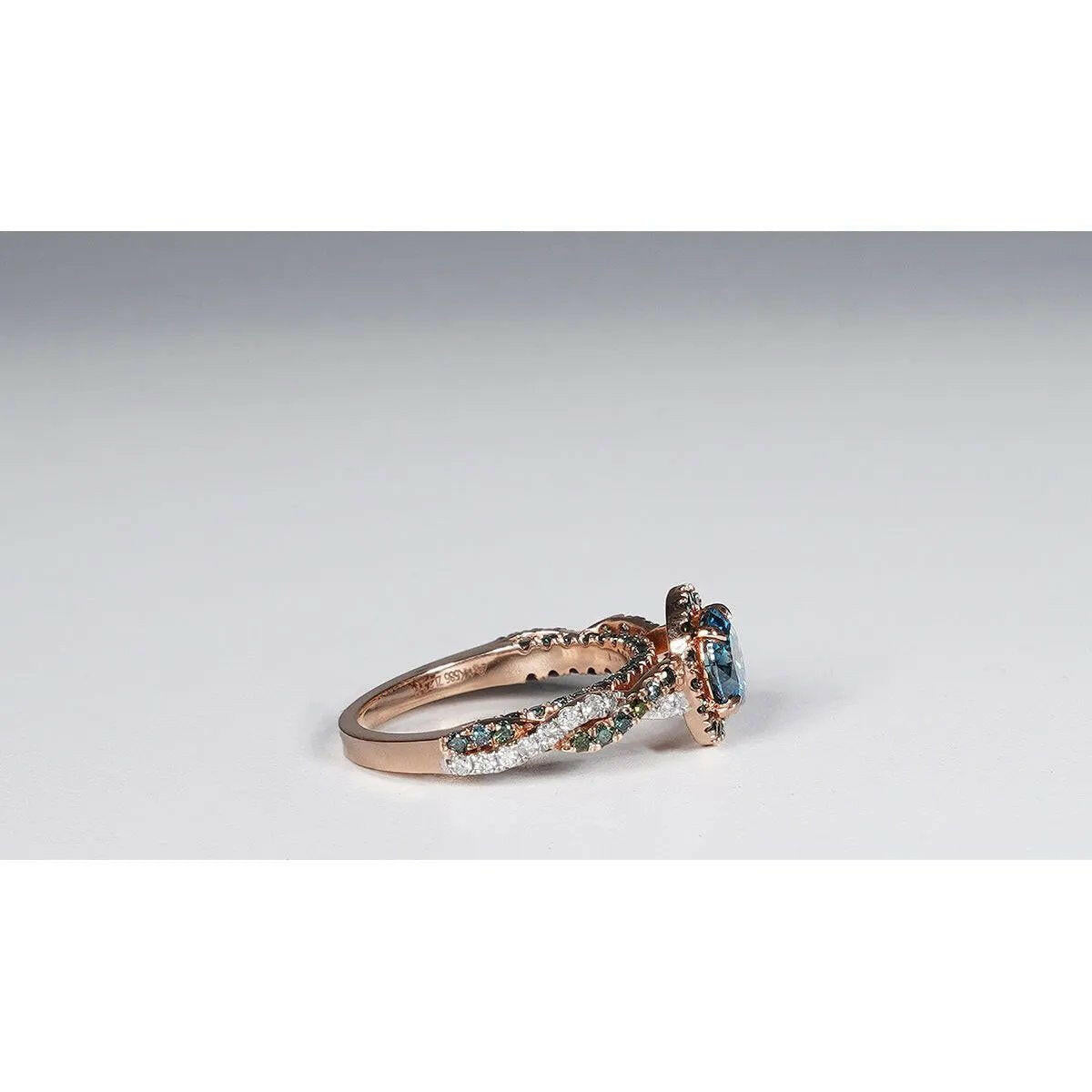 1.79 Carat Vivid Blue Round Cut Lab Grown Diamond Ring in 14K Rose Gold.