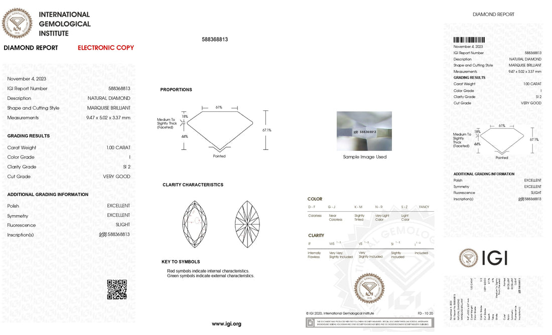 1ct Marquise Brilliant Cut SI2 Clarity I Color Natural Diamond.