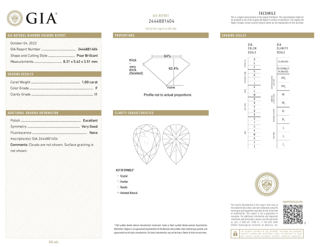 1ct Pear Brilliant Cut I1 Clarity F Color Natural Diamond.