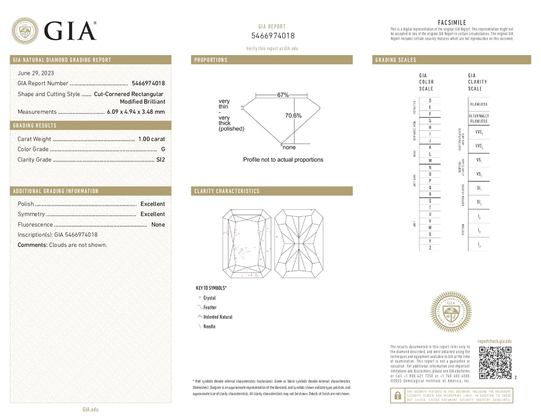 1ct Radiant Brilliant Cut SI2 Clarity G Color Natural Diamond.