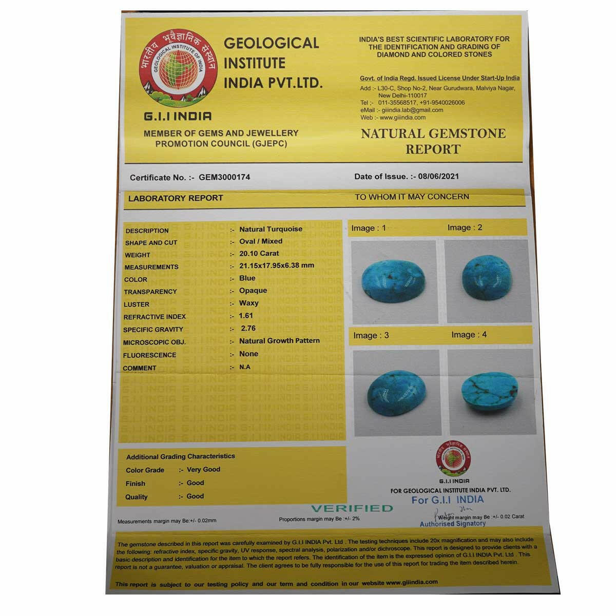 20.10 Carat GII India Certified Turquoise Stone.