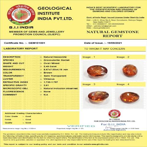 2.45 Carat (2.7 Ratti) IGL Certified Natural Ceylon (Sri Lanka) Hessonite (Gomed) Gemstone.