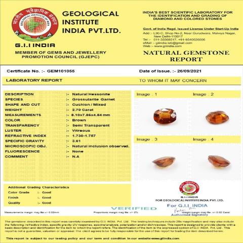 2.7-Carat 3 ratti Natural Ceylon Cushion Hessonite (Gomed) Gemstone – IGL Certified.