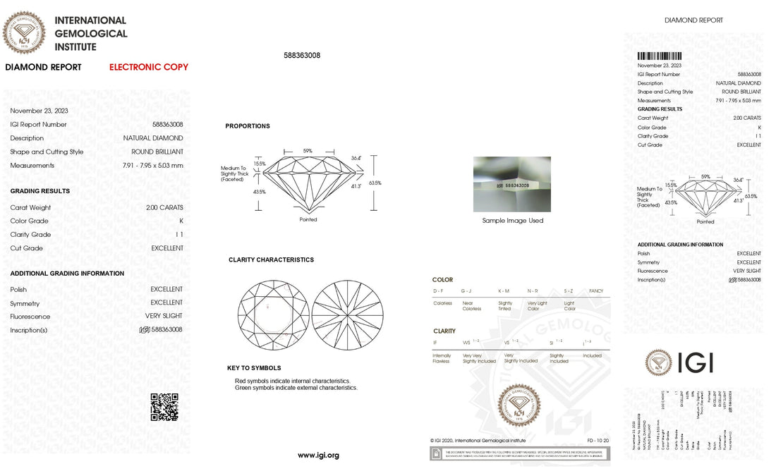 2ct Round Excellent Cut I1 Clarity K Color Natural Diamond.
