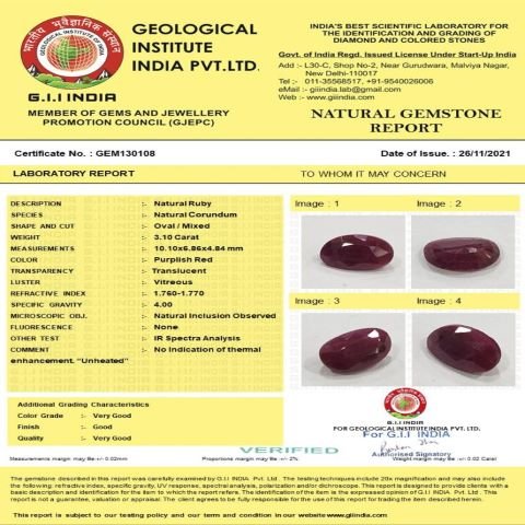3.1 Carat 3.41 Ratti Natural GII Certified Mozambique Oval shape purplish-red Ruby Gemstone.