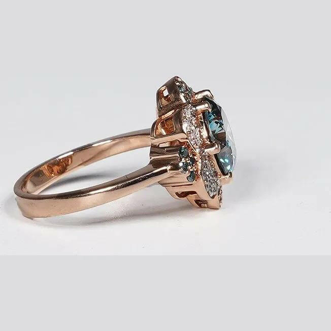 3.34 Carat Vivid Blue Round Cut Lab Grown Diamond Ring in 14K Rose Gold.