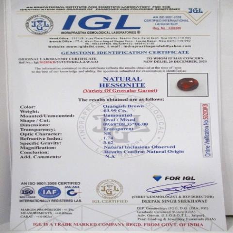 3.99 carat 4.39 ratti IGL certified natural African Oval shape hessonite(gomed) stone.