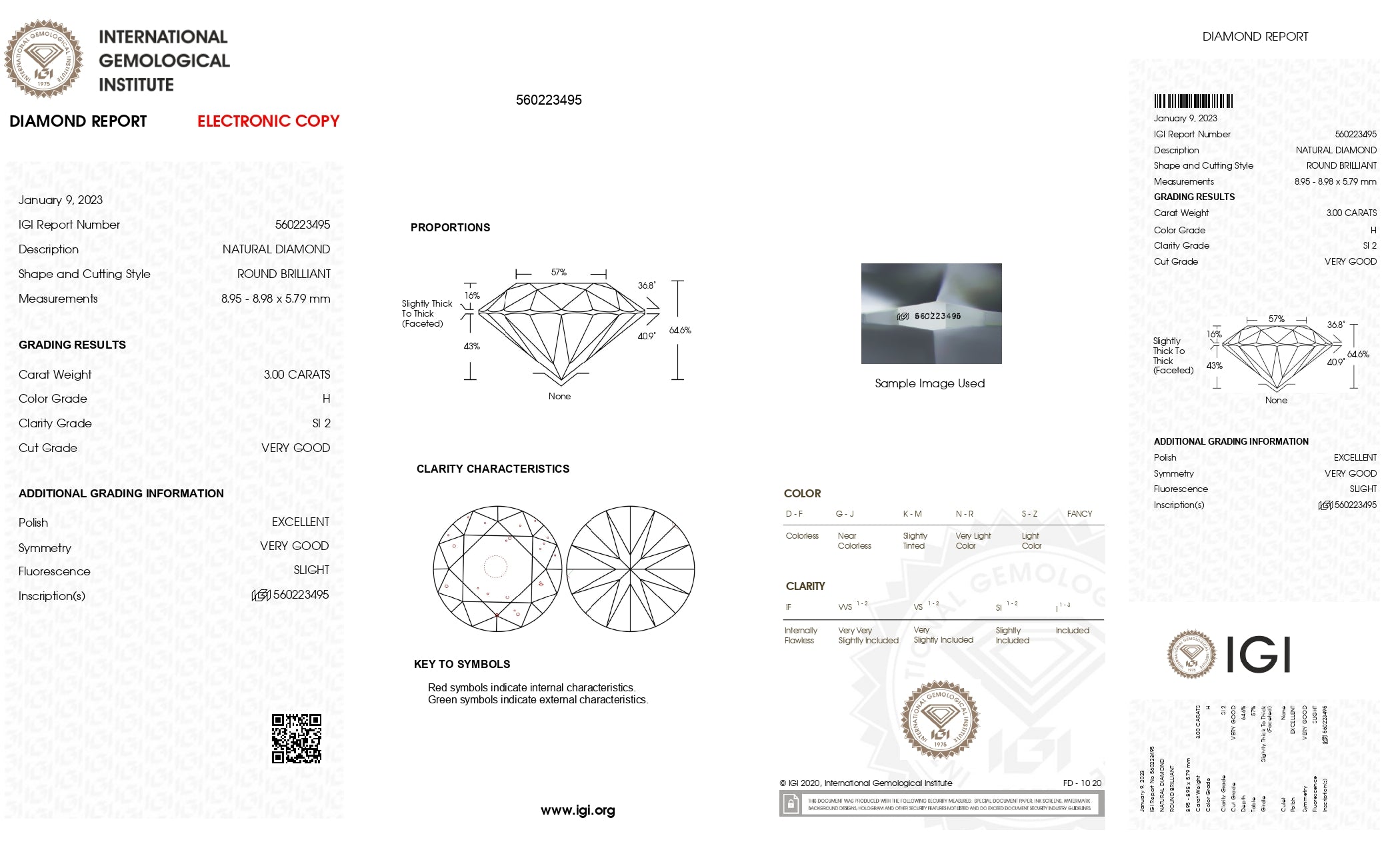 3ct Round Brilliant Cut S12 Clarity H Color Natural Diamond.