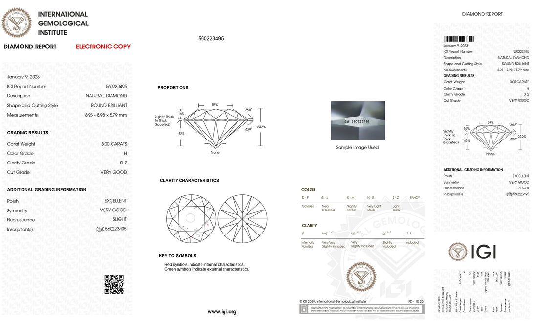 3ct Round Brilliant Cut S12 Clarity H Color Natural Diamond.