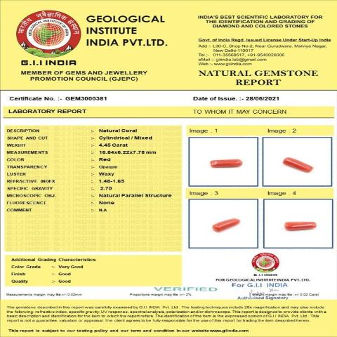 4.45 carat 5 ratti GII certified natural Italian cylindrical shape red coral stone.