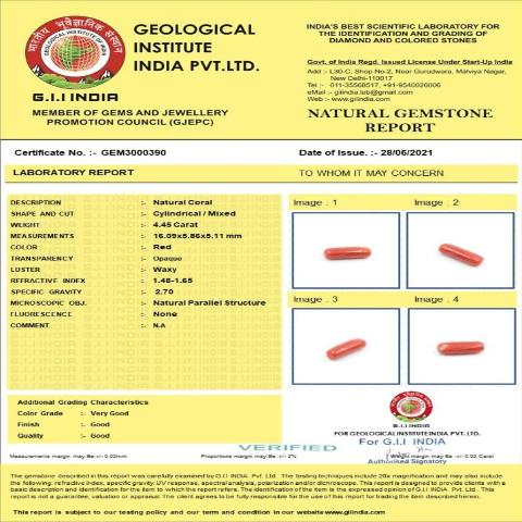 4.45 carat 5 ratti GII certified natural Italian cylindrical shape red coral stone.