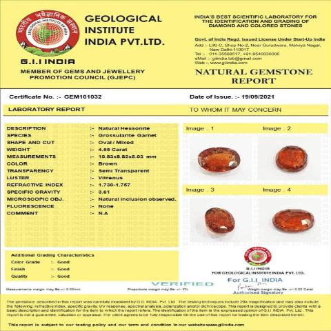 4.55 carat 5.01 ratti GII certified natural ceylon(sri lanka) oval shape hessonite(gomed) stone.