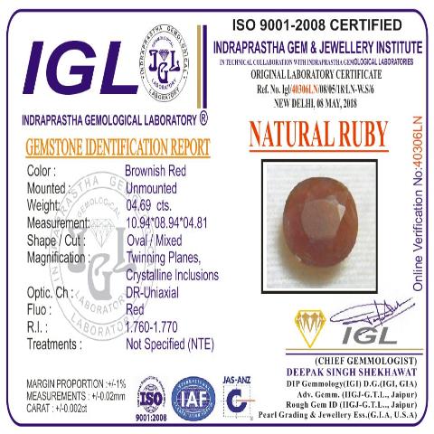 4.69 Carat 5.25 Ratti Natural IGL Certified Mozambique Oval shape Brownish-red Ruby Gemstone.