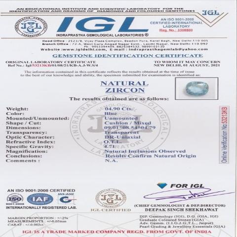 4.9 carat 5.39 ratti IGL certified natural Ceylon cushion shape blue Zircon stone..