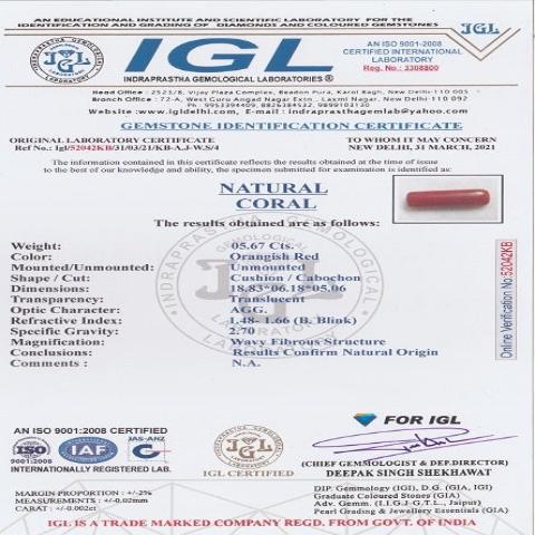 5.67 carat 6.24 ratti IGL certified natural Italian cushion shape red coral stone.
