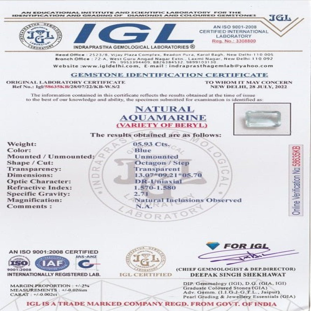 5.93 carat 6.52 ratti IGL certified natural Indian octagon  shape blue  aquamarine stone..