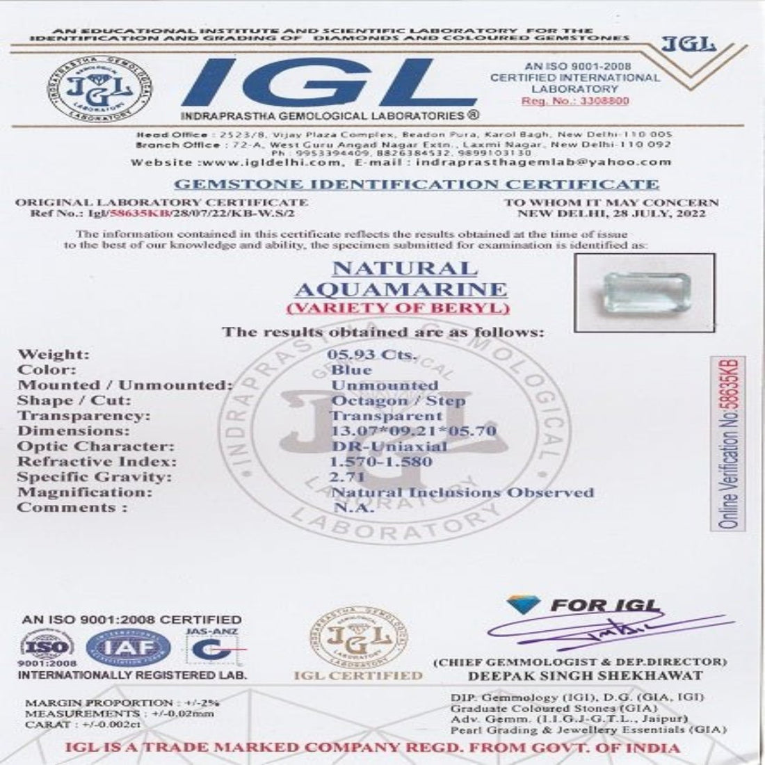 5.93 carat 6.52 ratti IGL certified natural Indian octagon  shape blue  aquamarine stone..