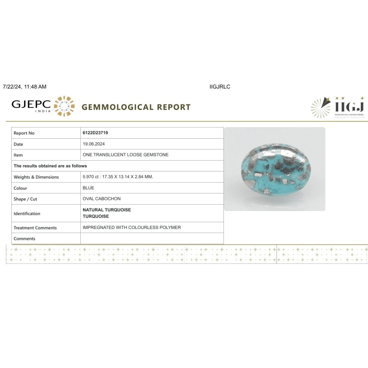 5.97 carat 6.57 ratti IGI-GTL certified AAA+ Quality Blue with golden Bisbee oval Turquoise (Firoza) Stone.
