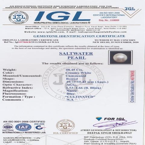 8.45 carat 9.3 Ratti IGL India certified south sea pearl.