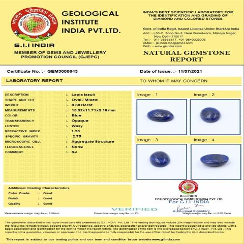 8.6 Carat 9.46 Ratti Natural GII Certified Africa Oval shape Blue Lapis lazuli Gemstone.