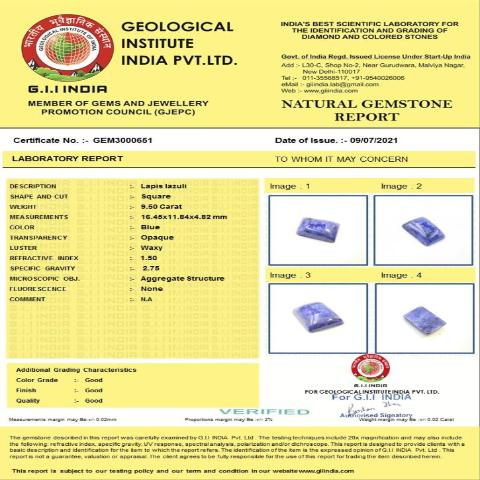 9.5 Carat 10.45 Ratti Natural GII Certified Africa Square shape Blue Lapis lazuli Gemstone.