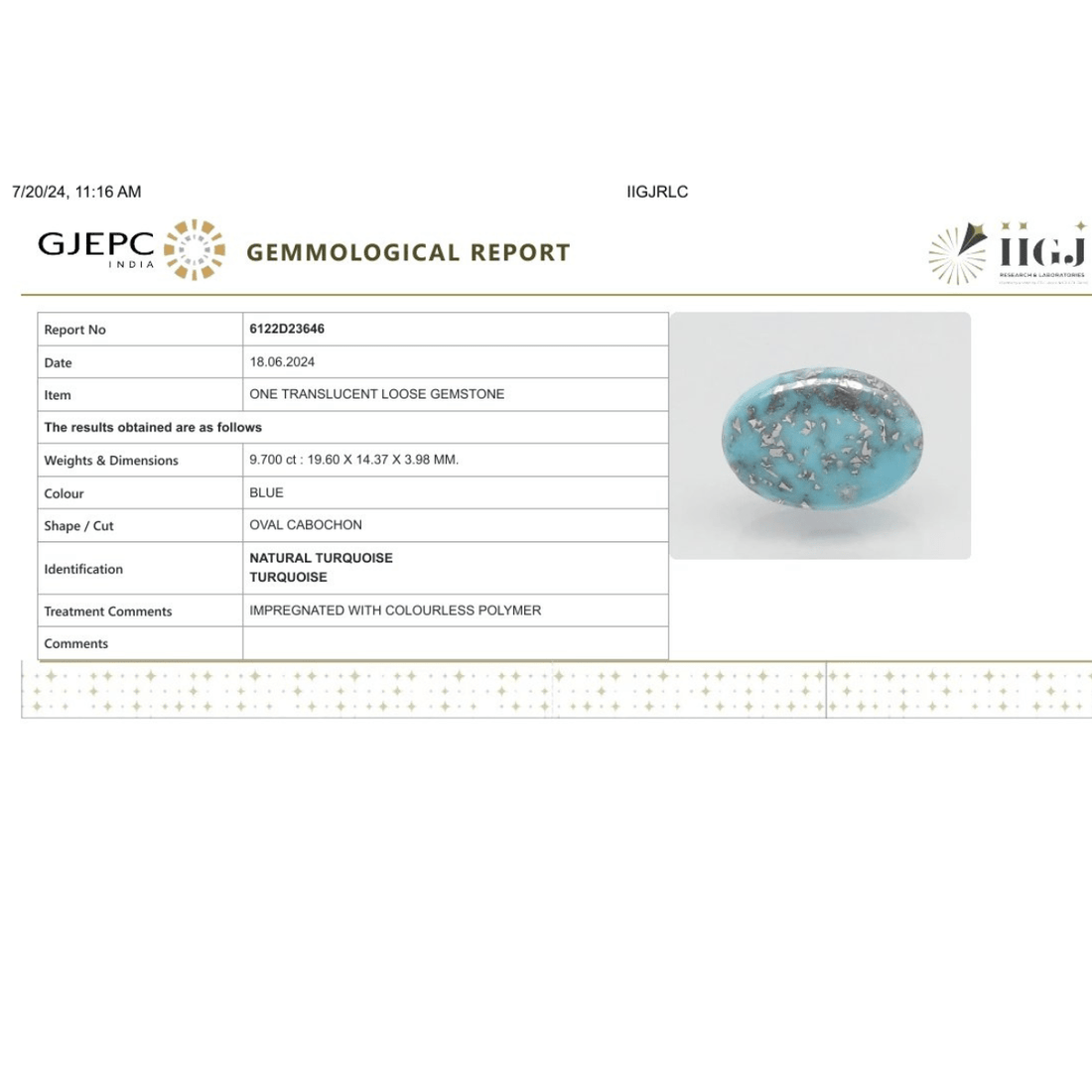 9.7 carat 10.67 ratti IGI-GTL certified AAA+ Quality Blue with golden Bisbee oval Turquoise (Firoza) Stone.