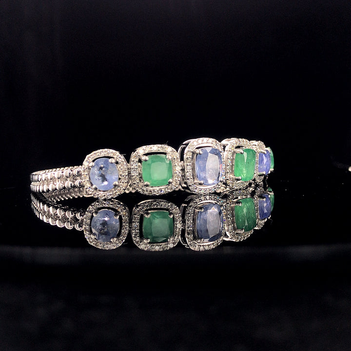 Regal Radiance – 7.03 Ct Blue Stone, 6.58 Ct Emerald & 2.29 Ct Lab Grown Diamond Bracelet in Silver