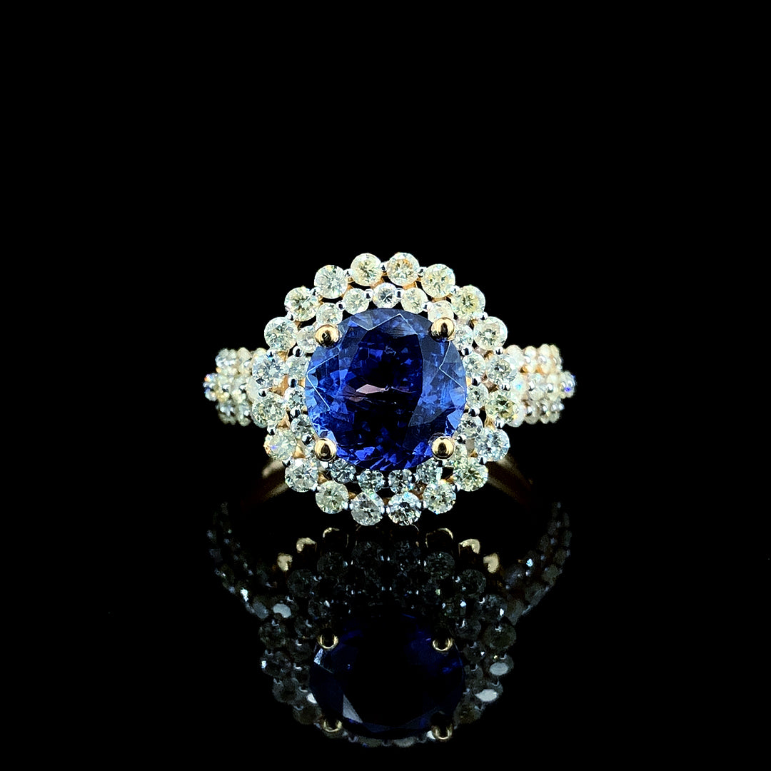 2.24ct Tanzanite Stone And 1.03ct Natural Diamond Ring In 14k Yellow Gold.