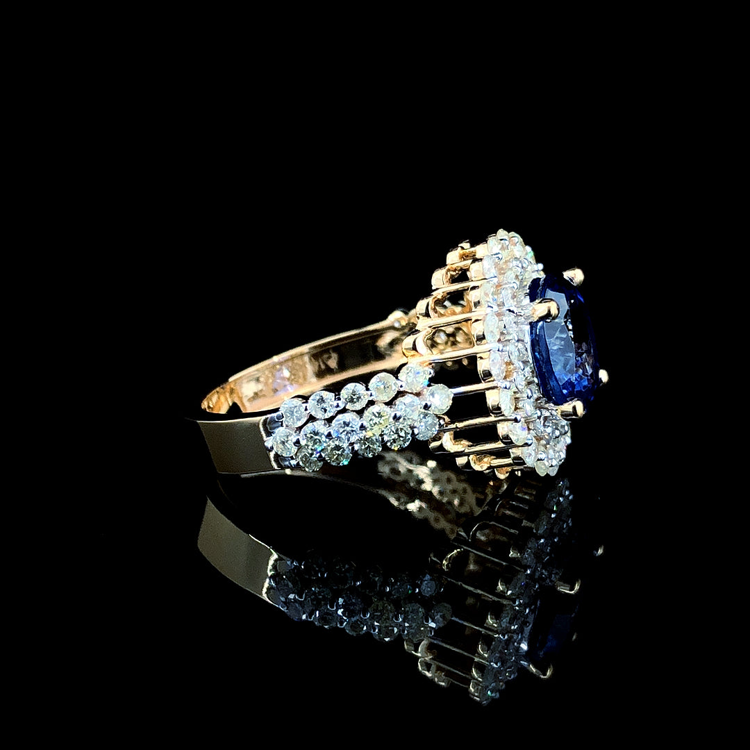 2.24ct Tanzanite Stone And 1.03ct Natural Diamond Ring In 14k Yellow Gold.