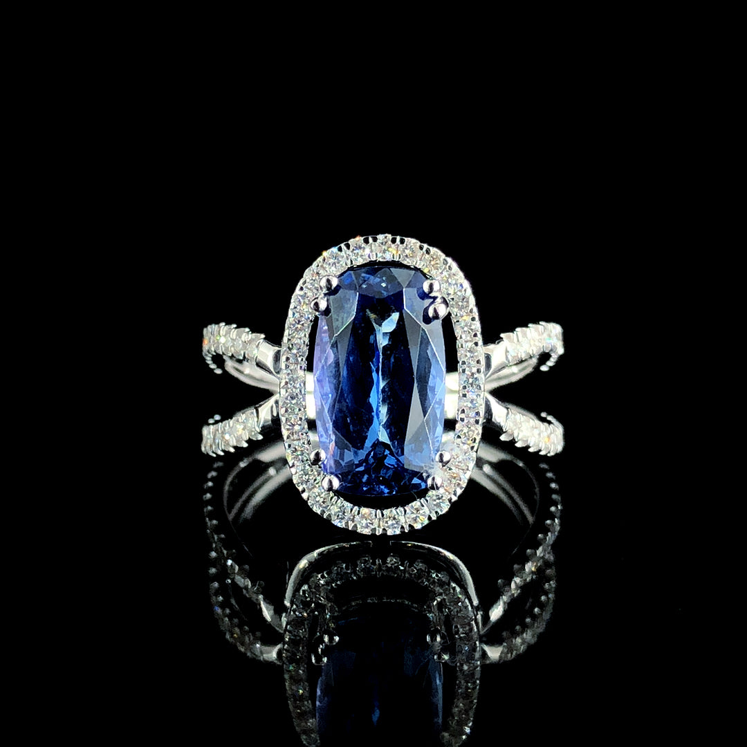 2.74ct Tanzanite Stone And 0.473ct Lab-Grown Diamond Cushion Ring In 14k White Gold.