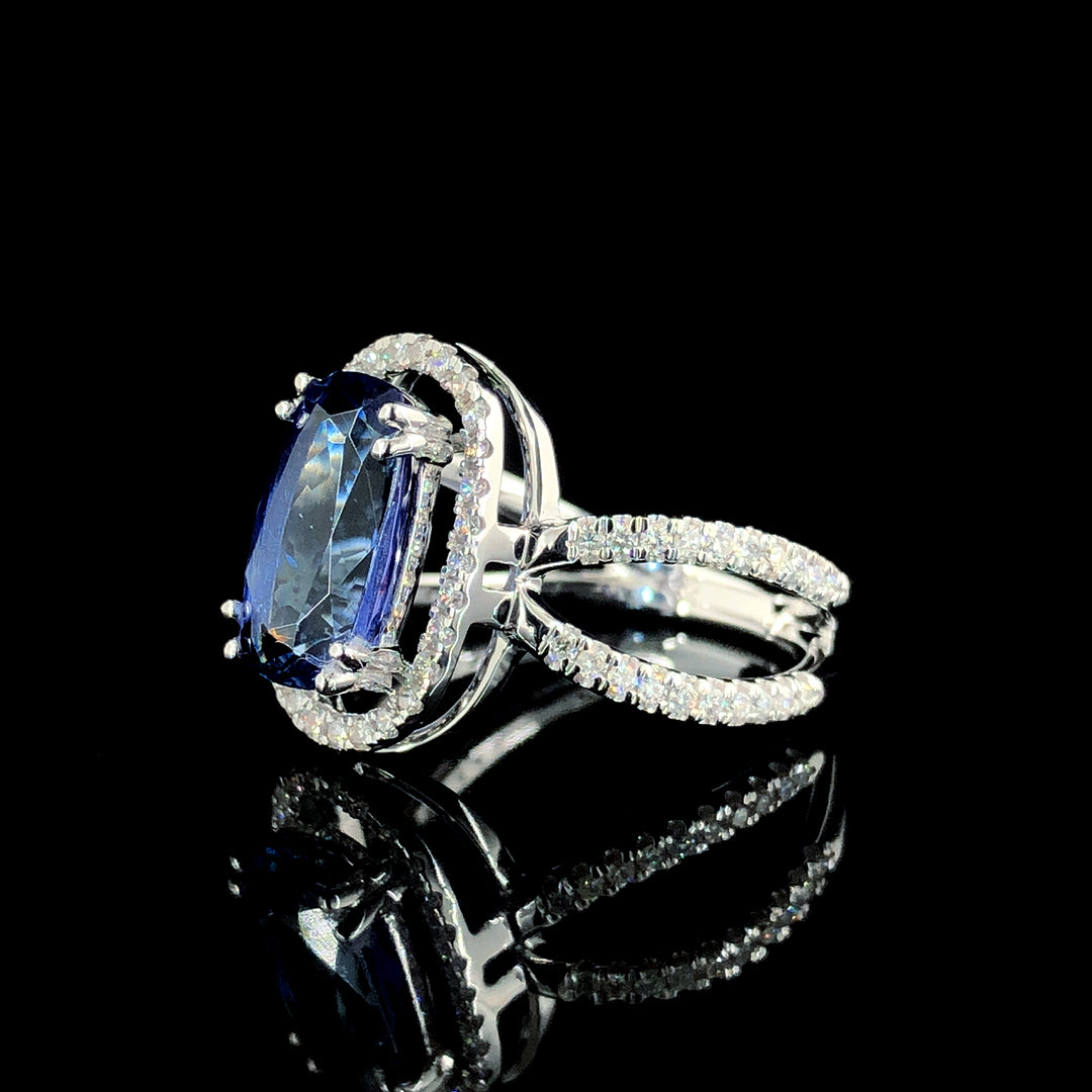 2.74ct Tanzanite Stone And 0.473ct Lab-Grown Diamond Cushion Ring In 14k White Gold.