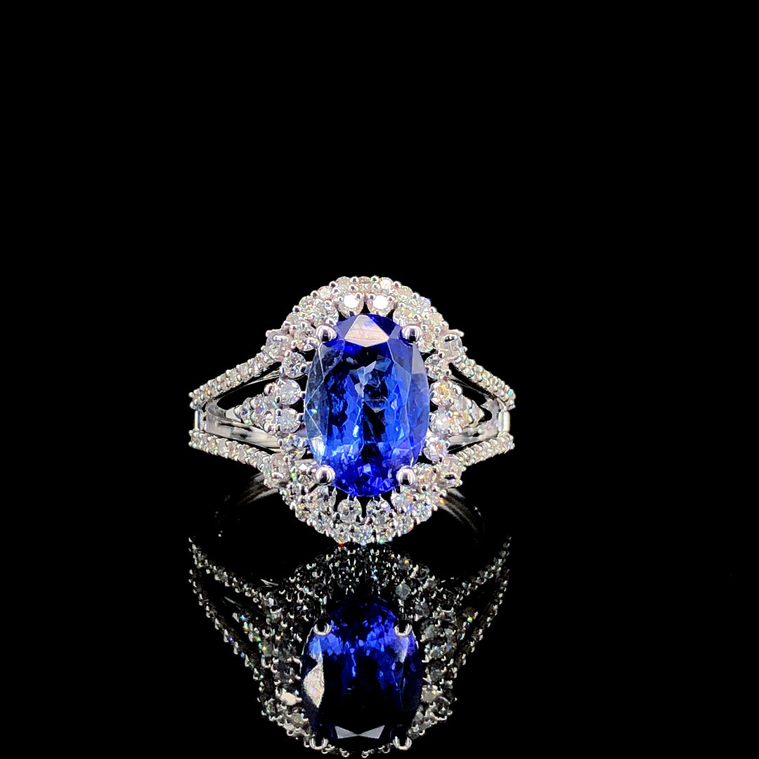 2.25ct Tanzanite Stone And 0.683ct Lab-Grown Diamond Oval Ring In 14k White Gold.