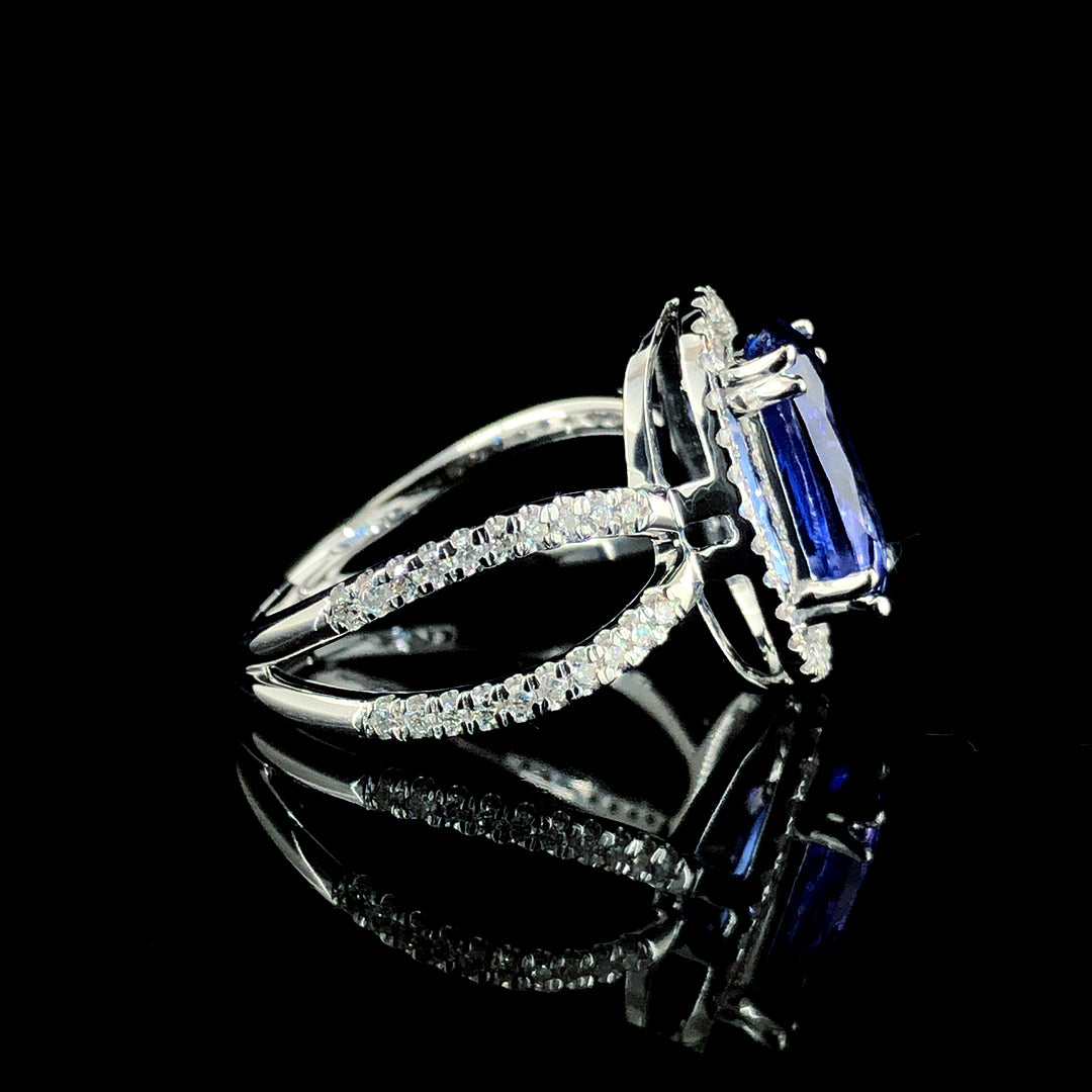 2.74ct Tanzanite Stone And 0.473ct Lab-Grown Diamond Cushion Ring In 14k White Gold.