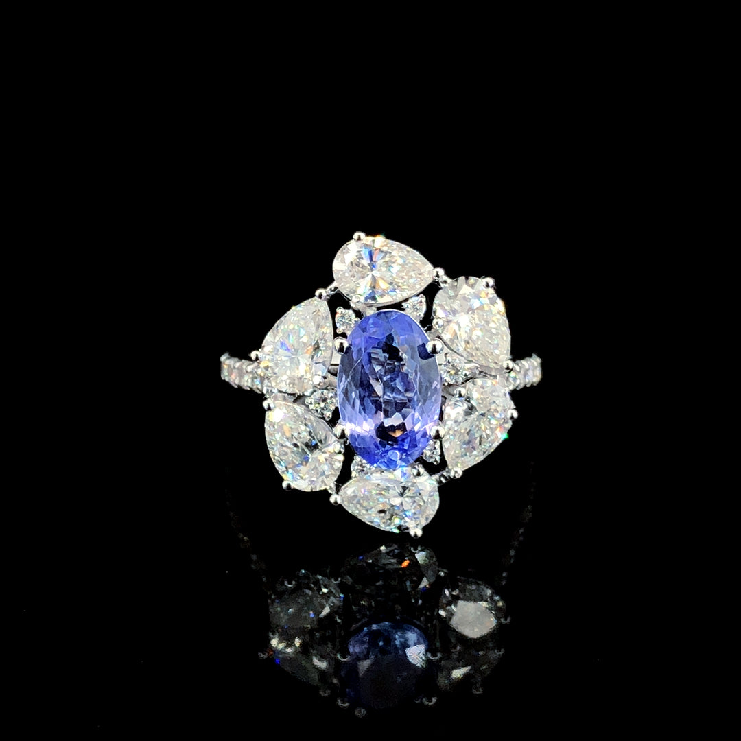 1.54ct Tanzanite Stone And 2.535ct Lab-Grown Diamond Oval Ring In 14k White Gold.