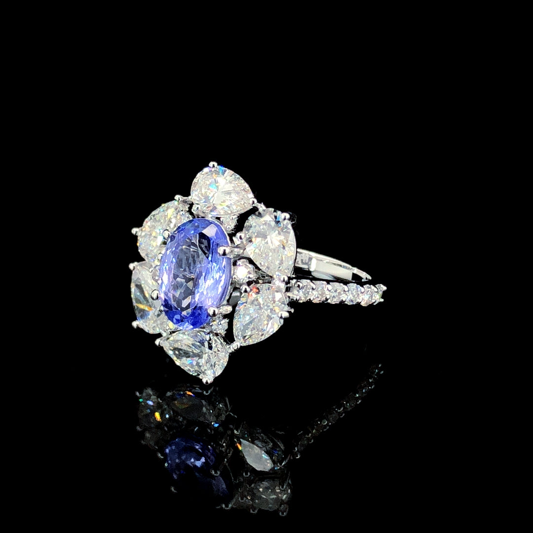 1.54ct Tanzanite Stone And 2.535ct Lab-Grown Diamond Oval Ring In 14k White Gold.