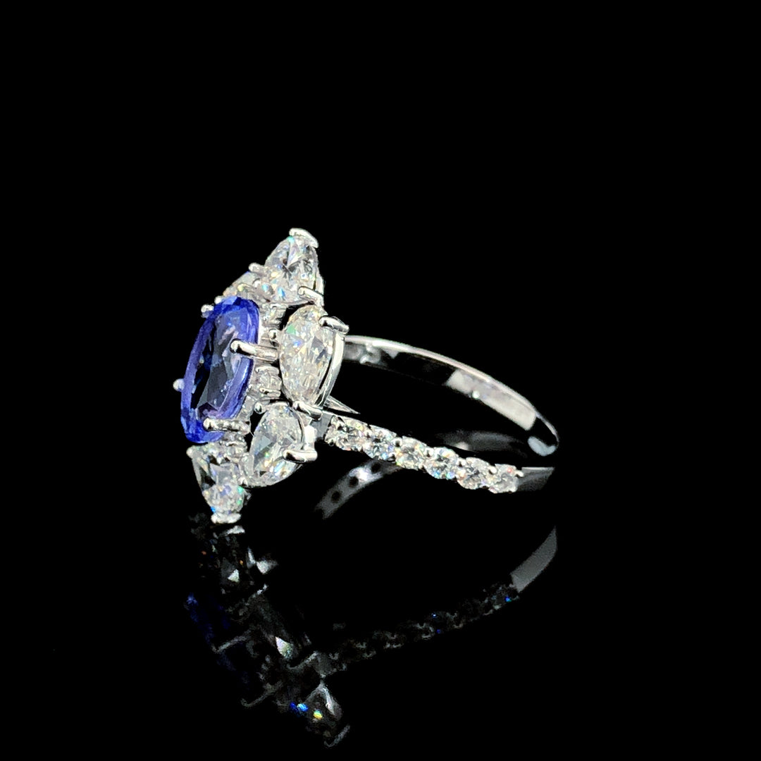 1.54ct Tanzanite Stone And 2.535ct Lab-Grown Diamond Oval Ring In 14k White Gold.