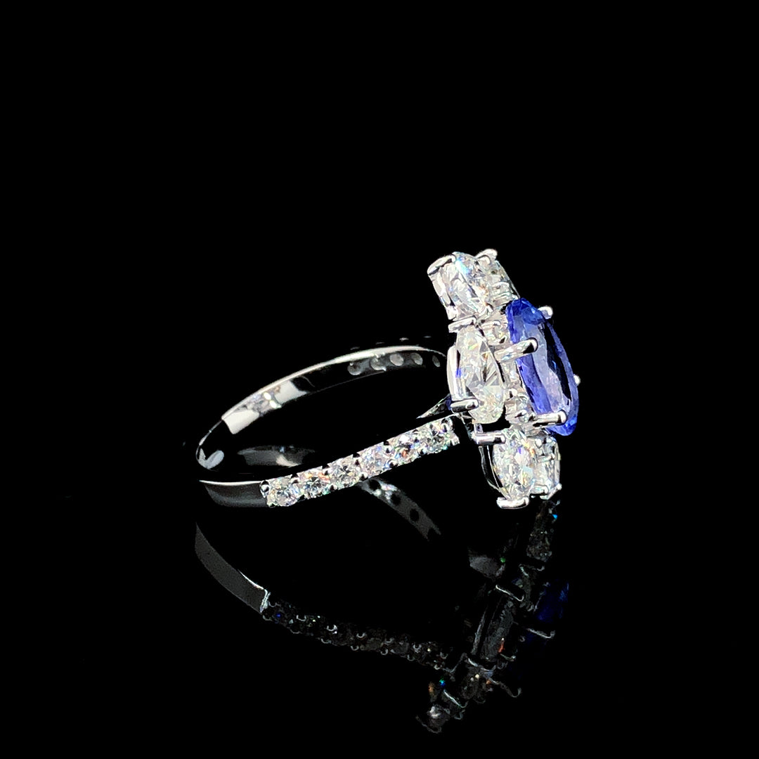1.54ct Tanzanite Stone And 2.535ct Lab-Grown Diamond Oval Ring In 14k White Gold.
