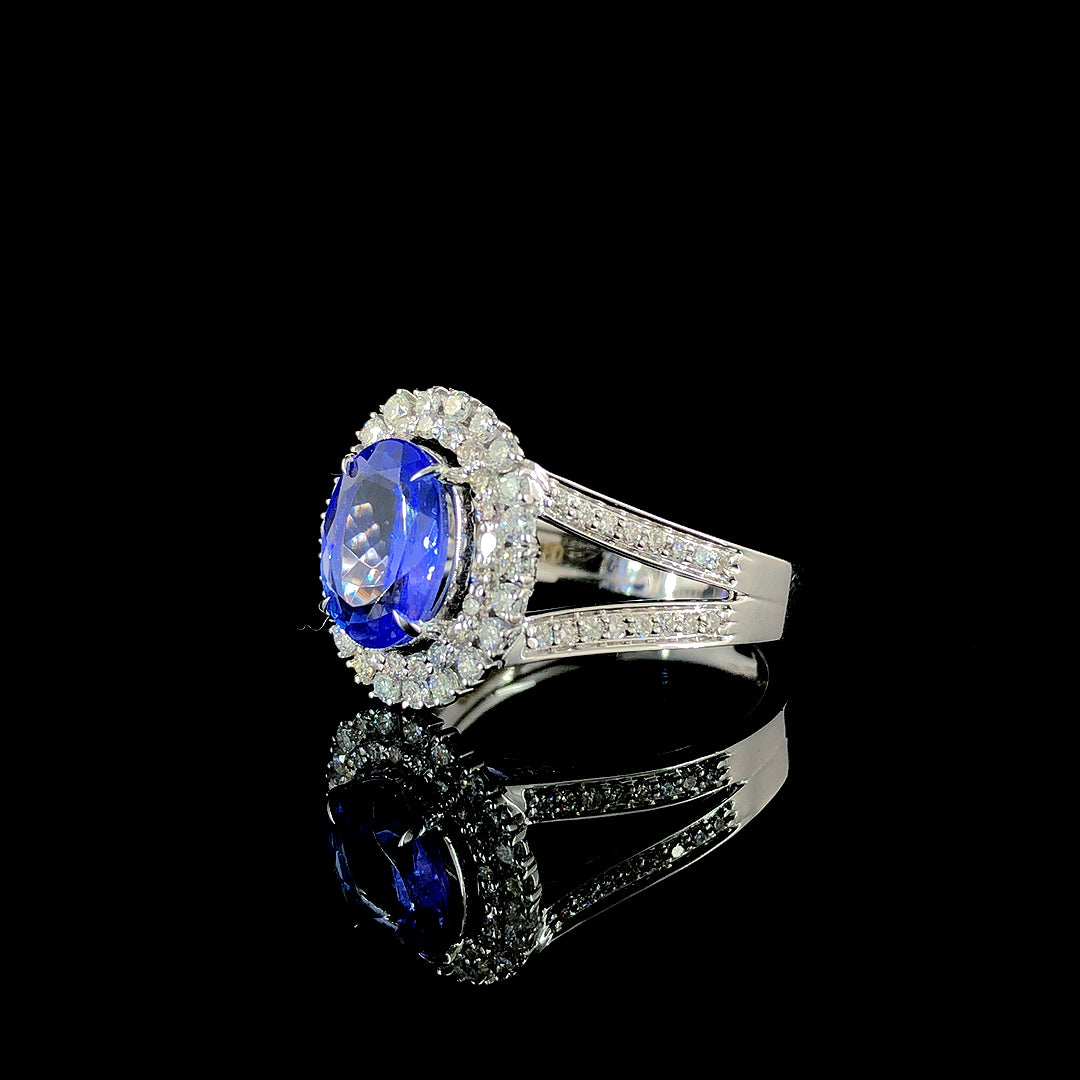 1.83ct Tanzanite Stone And 0.855ct Lab-Grown Diamond Oval Ring In 14k White Gold.