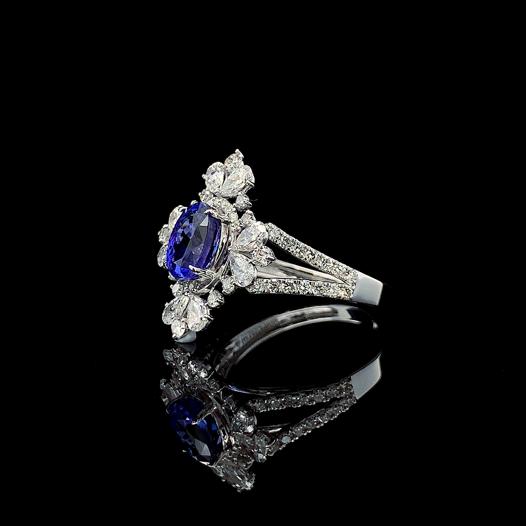 1.67ct Tanzanite Stone And 1.33ct Lab-Grown Diamond Ring In 14k White Gold.