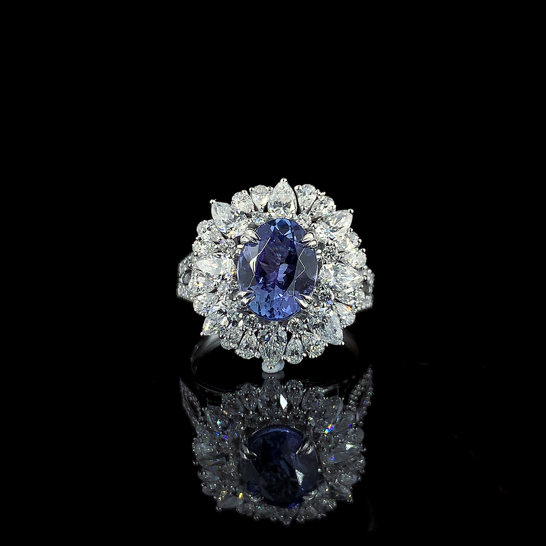 1.87ct Tanzanite Stone And 1.605ct Lab-Grown Diamond Ring In 14k White Gold.