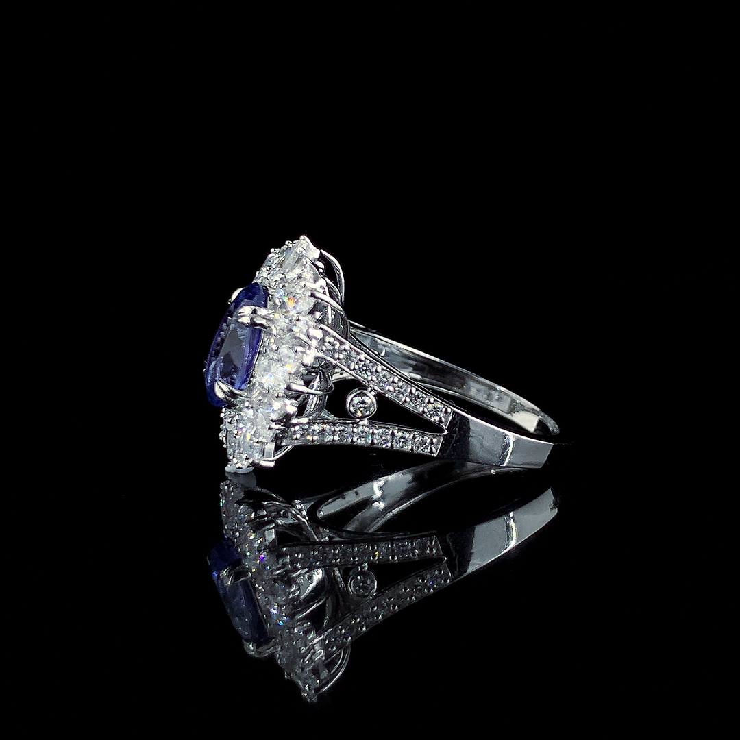 1.87ct Tanzanite Stone And 1.605ct Lab-Grown Diamond Ring In 14k White Gold.